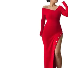 GENERICO - Vestido Asimetrico Manga Larga Broches Rib Grueso Col-26 Color Rojo