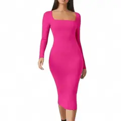 GENERICO - Vestido Cuello Cuadrado Manga Larga Rib Grueso Col-22 Color Fucsia