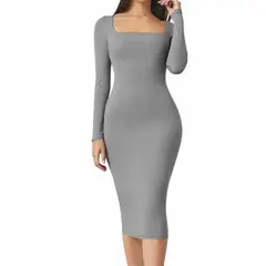 GENERICO - Vestido Cuello Cuadrado Manga Larga Rib Grueso Col-22 Color Gris