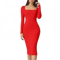 GENERICO - Vestido Cuello Cuadrado Manga Larga Rib Grueso Col-22 Color Rojo