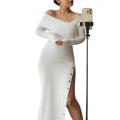 GENERICO - Vestido Asimetrico Manga Larga Con Broches Rib Grueso Col-26 Color Perla