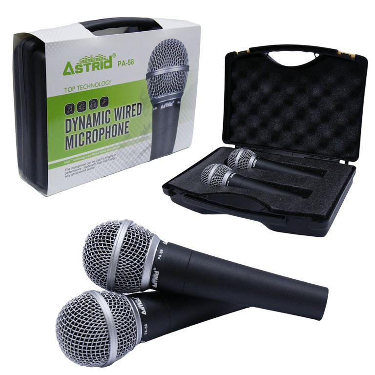 2 Micrófonos Alámbrico Profesional PA-58 DUO Metálico Dinámico Unidireccional maletin