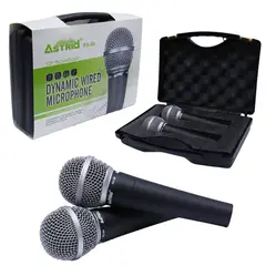 ASTRID - 2 Micrófonos Alámbrico Profesional PA-58 DUO Metálico Dinámico Unidireccional maletin