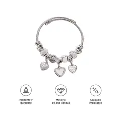S&T - Pulsera Brazalete Corazones y Cuentas Brillantes Plateada Ajustable