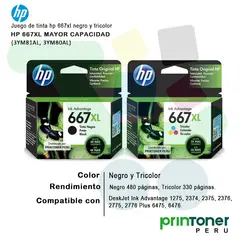 HP - Juego de Tinta 667XL Negro y Tricolor Original 3YM80AL 3YM81AL para Impresoras DeskJet
