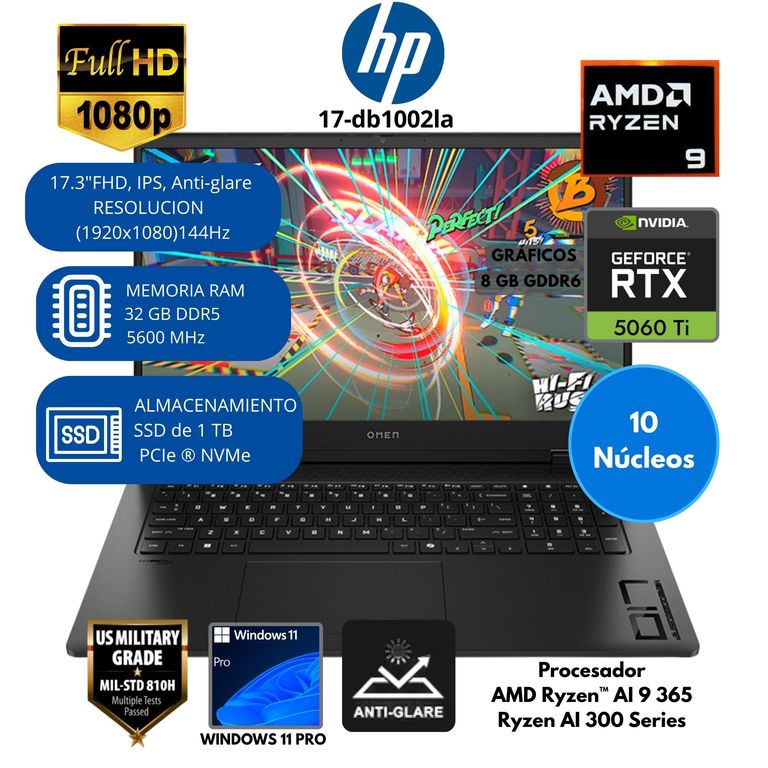 Laptop Gaming OMEN AMD Ryzen AI 9 (17-db1002la) RAM 32 GB SSD 1 TB 17.3"FHD Windows 11 PRO