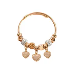 S&T - Pulsera Brazalete Corazones y Cuentas Brillantes Dorado Ajustable