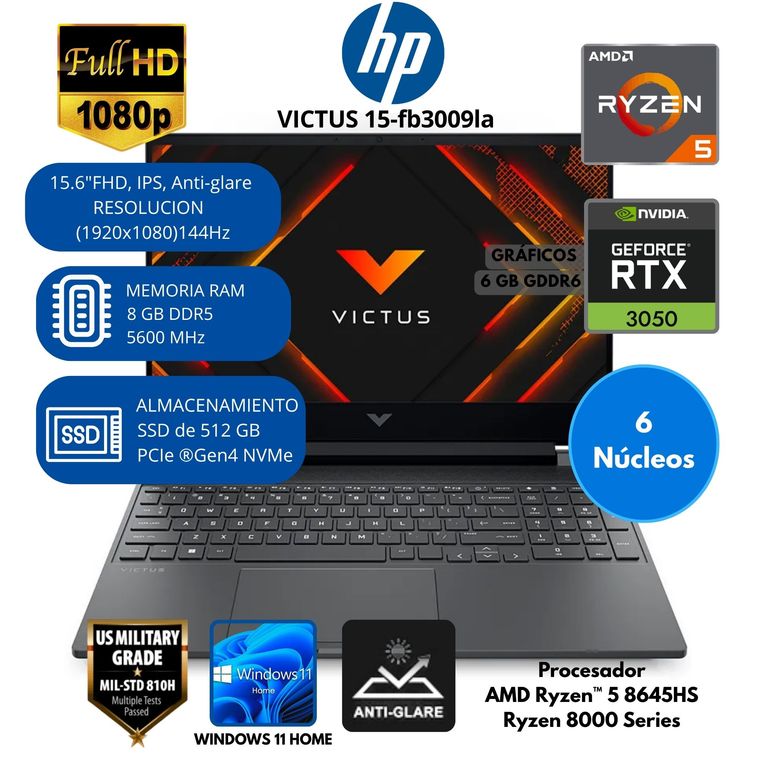 Laptop Gaming VICTUS AMD Ryzen 5 (15-fb3009la) RAM 8 GB SSD 512 GB 15.6"FHD Windows 11 HOME