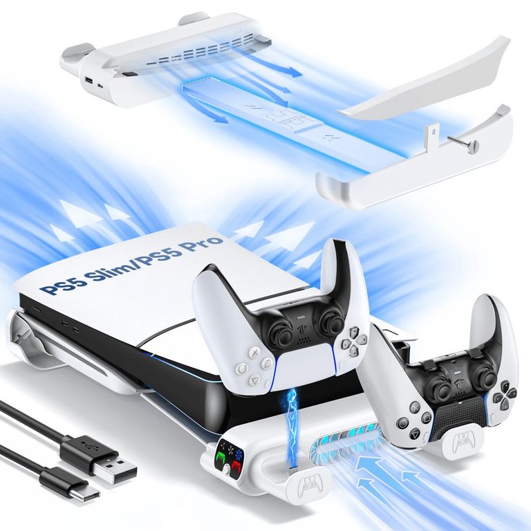 Base Horizontal Multifuncional Para Ps5 Slim Y Ps5 Pro Con Ventilador Cargador Dual Y Puertos Usb