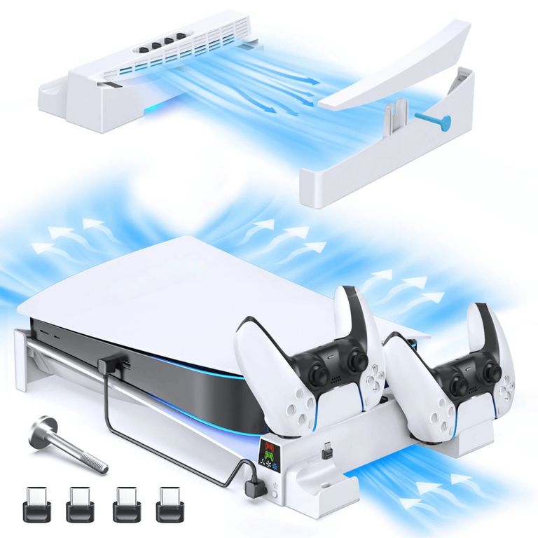 Base Horizontal Para Ps5 Fat Con Stand Estación De Carga Para Mandos Y Ventilador