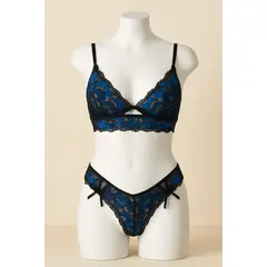 GENERICO - Conjunto de Lencería “Blue Desire” Encaje Floral Bicolor con Detalle Transparente