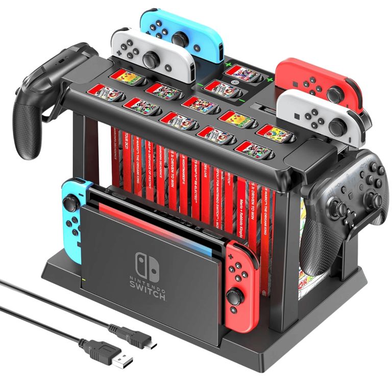 Base Multifunción Con Cargador Completo De Mandos Estante Slots Negro Para Nintendo Switch Fat Oled
