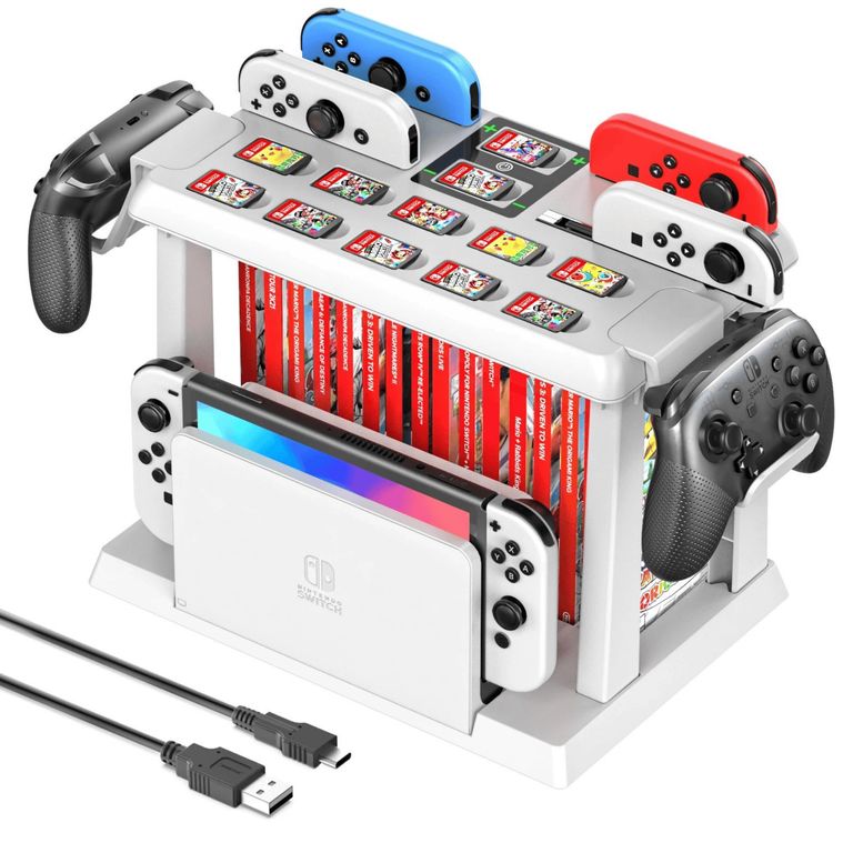Base Multifunción Con Cargador Completo De Mandos Estante Slot Blanco Para Nintendo Switch Fat Oled