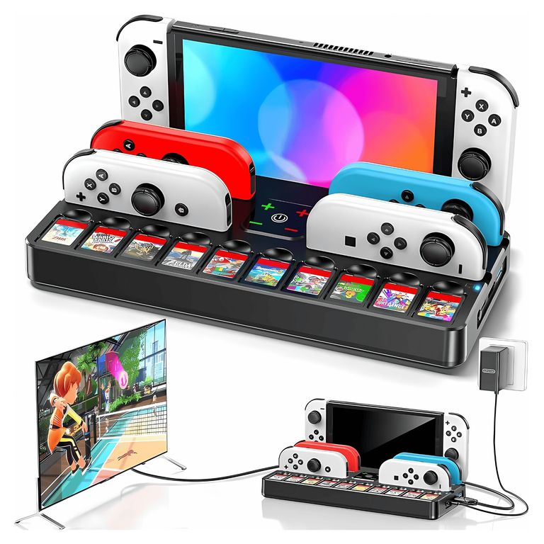 Base Video Dock Multifunción Negro Para Nintendo Switch Oled Carga Mandos Slots De Juegos