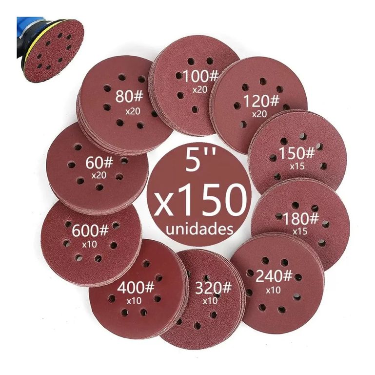 150 Disco De Lijas Con Velcro 8 Agujeros 5'' 125mm P60-600