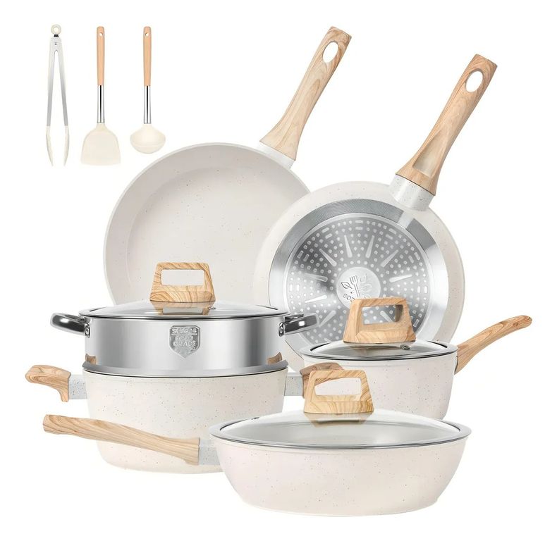 12 Piezas Bateria De Cocina Juego De Sartenes Antiadherentes BLANCO