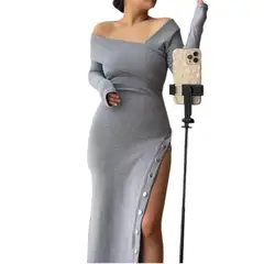 GENERICO - Vestido Asimetrico Manga Larga Con Broches Rib Grueso Col-26 Color Gris