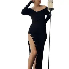 GENERICO - Vestido Asimetrico Manga Larga Con Broches Rib Grueso Col-26 Color Negro