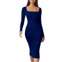 GENERICO - Vestido Cuello Cuadrado Manga Larga Rib Grueso Col-22 Color Azul