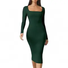 GENERICO - Vestido Cuello Cuadrado Manga Larga Rib Grueso Col-22 Color Verde