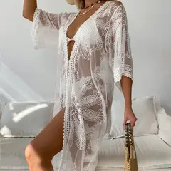 KAST PE - Kimono Salida de Playa Tul Oversize Modelo Kailea Blanco