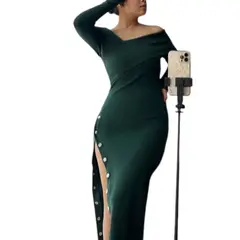 GENERICO - Vestido Asimetrico Manga Larga Con Broches Rib Grueso Col-26 Color Verde Oscuro