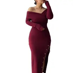 GENERICO - Vestido Asimetrico Manga Larga Con Broches Rib Grueso Col-26 Color Vino