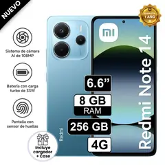 REDMI - Celular Xiaomi Note 14 4G 256GB 8GB RAM cámara 108MP, cámara frontal 20MP, 6.6" Pulg Azul