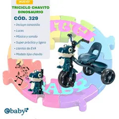 EBABY - TRICICLO CHAVITO DINOSAURIO MUSICAL Y LUCES COD329- AZUL