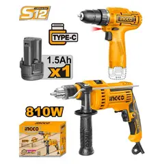 INGCO TOOLS - TALADRO ATORNILLADOR INGCO 12V + TALADRO PERCUTOR 810W 13MM COSLI23041