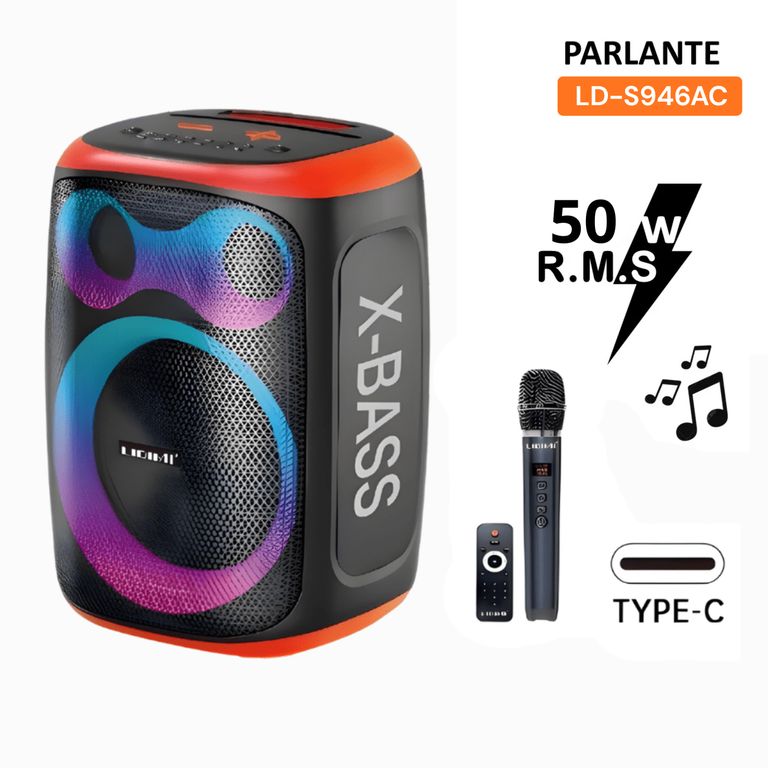 PARLANTE PORTÁTIL 50W LD-S946AC BLUETOOTH USB TF AUX RGB FRONTAL NEGRO