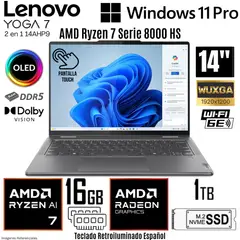 LENOVO - Laptop Yoga 7 2 en 1 14AHP9 AMD Ryzen 7 8840HS 16GB RAM 1TB SSD 14" WUXGA OLED TOUCH