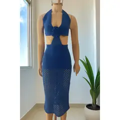 GENERICO - VESTIDO TEJIDO AZUL LARGO PARA MUJER