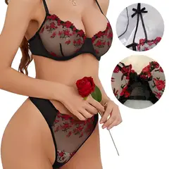 GENERICO - Lenceria de Encaje Bordado Conjunto Sexy Negro Ropa Mujer