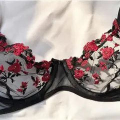 GENERICO - Lenceria de mujer bordado transparente Conjunto Rojo y Negro Talla S