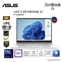 ASUS - ZENBOOK 14 OLED INTEL ULTRA 7 155H 16GB DDR5 1TB SSD 4.0 14" OLED 2K IPS WIN 11 HOME