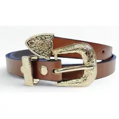 LEMANT'S - Correa Cinturón Dama Cuero Genuino - Hebilla Grabada Dorada