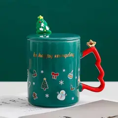 GENERICO - Taza Navideña Verde con Tapa y Cuchara – 370 ml