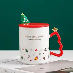 GENERICO - Taza Navideña Blanca y Roja con Tapa y Cuchara – 370 ml
