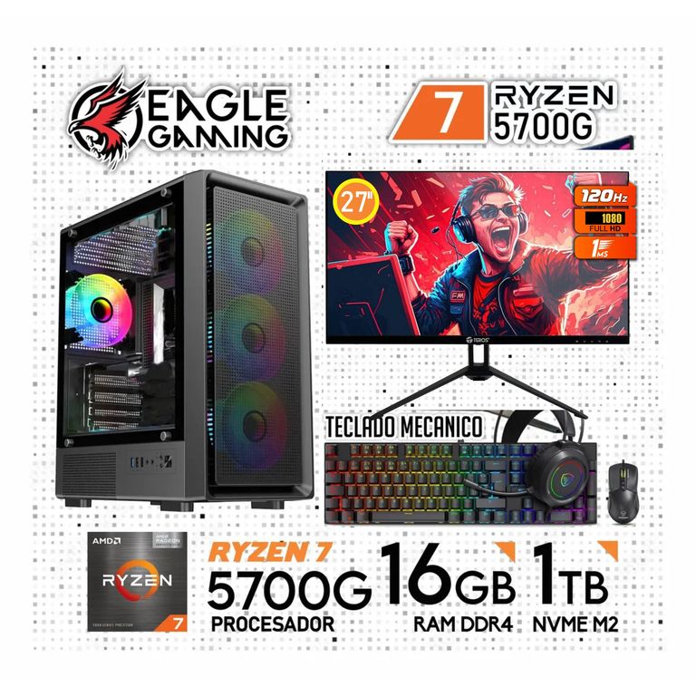 Computadora Completa Ryzen 7 5700G RAM 16GB SSD 1TB MONITOR 27" 100HZ CURVO KIT