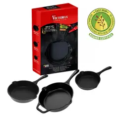 VICTORIA - Set De 3 Sartenes Curado de Hierro Fundido