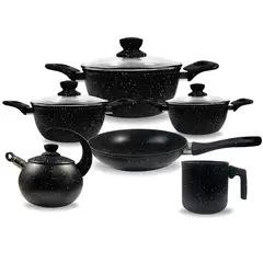 ALEMANGRUNF - Juego de Olla Roca Volcánica Antiadherente y Liviana por 10 Pzs Negro