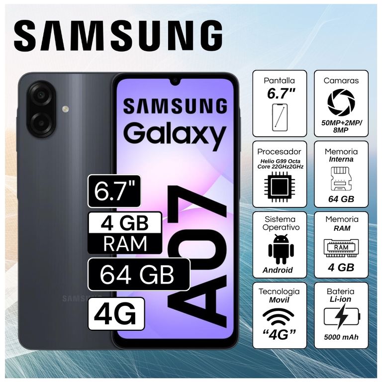 Celular Galaxy A07 4GB RAM 64GB Cámara principal 50MP + 2MP 6.7" Pulg. HD - Negro