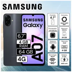 SAMSUNG - Celular Galaxy A07 4GB RAM 64GB Cámara principal 50MP + 2MP 6.7" Pulg. HD - Negro