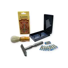 GENERICO - Afeitadora doble filo de aluminio con Brocha Barbera y Repuestos