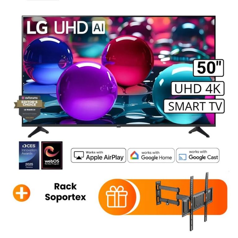 Televisor 50 Pulg Ultra HD 4K AI ThinQ 50UA7300PSB Modelo 2025- Negro + Rack Giratorio