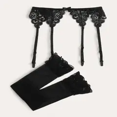 GENERICO - Liguero “Black Elegance” Encaje Floral con Medias de Malla Sensual