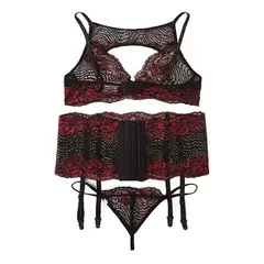 GENERICO - Conjunto de Lencería “Dark Rose Seduction” Encaje Negro con Detalles Rojos Talla M