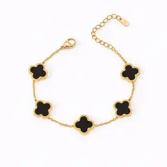 GENERICO - Pulsera Trébol Negro 5 Dijes Mujer Dorado Ajustable