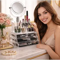 GENERICO - ORGANIZADOR DE COSMÉTICOS PORTA MAQUILLAJE Y ESPEJO DOBLE CARA CAJONES ACRÍLICO